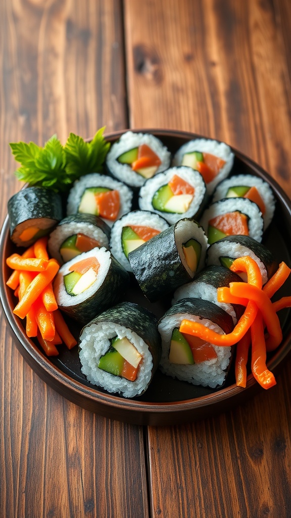 Classic sushi rolls with fish, cucumber, and avocado on a wooden table, garnished with pickled ginger and soy sauce.